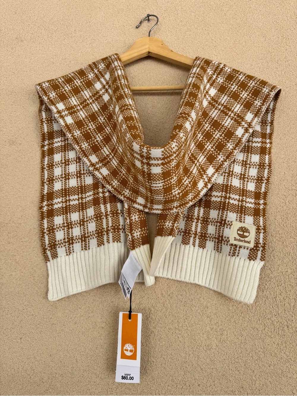 🆕Timberland wheat/cream plaid, Tartan knit scarf
